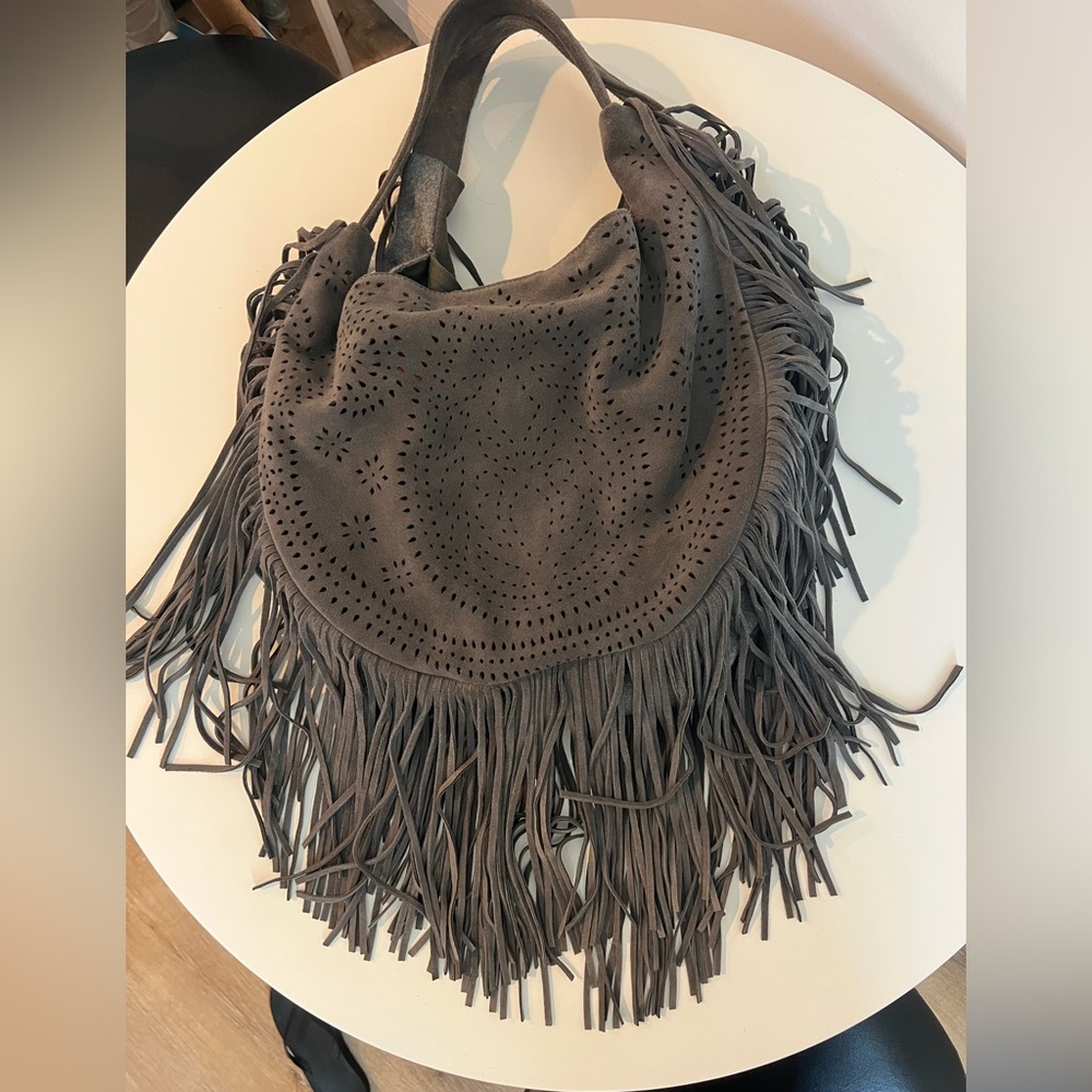 Johnny Was Elodie Laser Cut Gray Suede Shoulder Bag